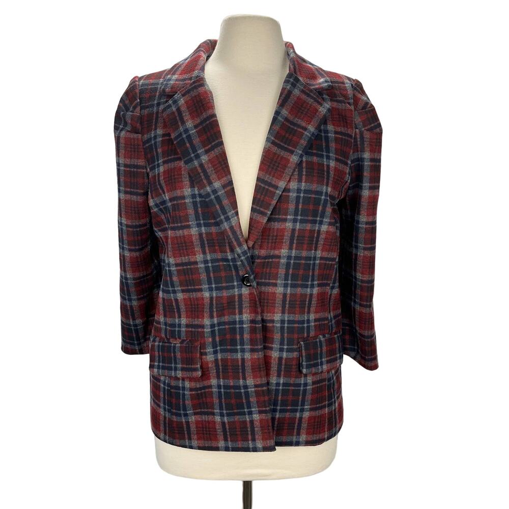 CHOCOLATE | Red & Blue Plaid Fuzzy Textured Puffy Sleeve Blazer | Women's